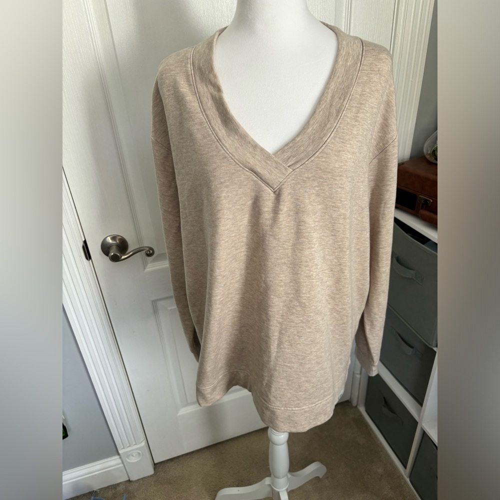 Orvis Sweatshirt Beige Oatmeal Long Sleeve Pullover V-neck Soft Fleece Large